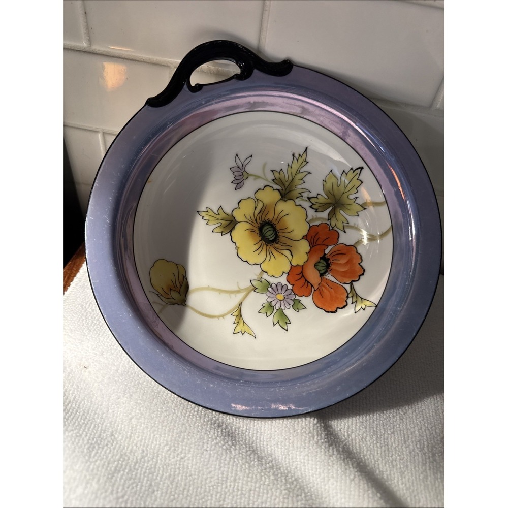 Vintage‎ Hand Painted Noritake Bowl 7.5" wide Blue Iridescent w/ Poppies Floral